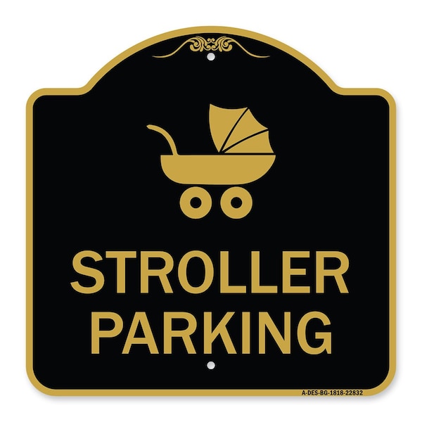 Stroller Parking With Graphic, Black & Gold Aluminum Architectural Sign, 18" x 18", BG-1818-22832